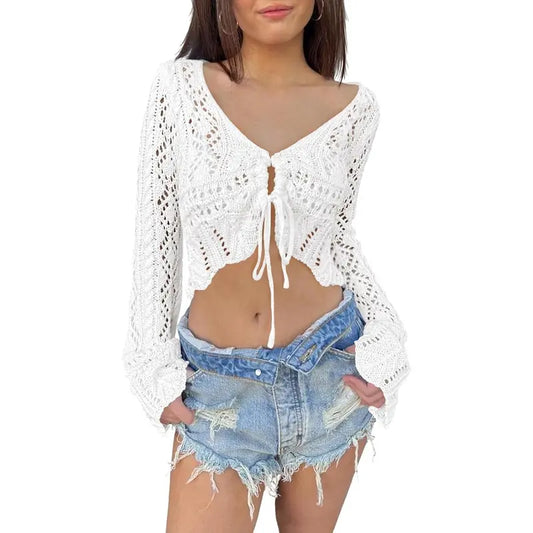 🌼 Hollow Out Drawstring Flare Sleeve Cropped Top-Women Minimalist Knit Sweater🪡