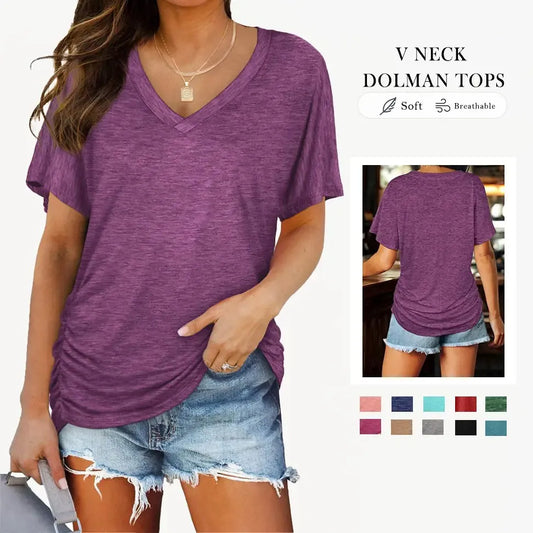 ✨Womens Short Sleeve V Neck Dolman Tops with Side Shirring Loose Fit Shirts