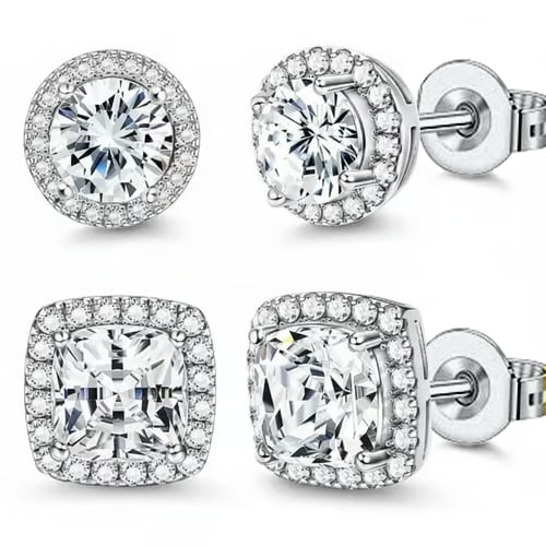 Halo Stud Earrings 4-Pack - Gold & Silver Round/Square Styles