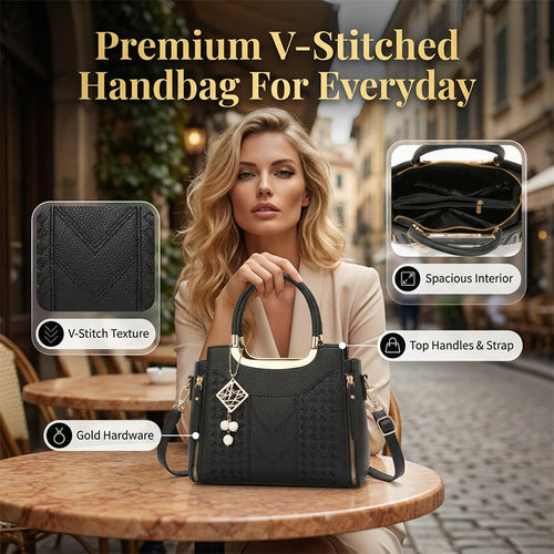 📢📢 ⏰Women's V-Stitched Satchel – Gold Hardware, Multi-Compartment, Top-Handle 🌸