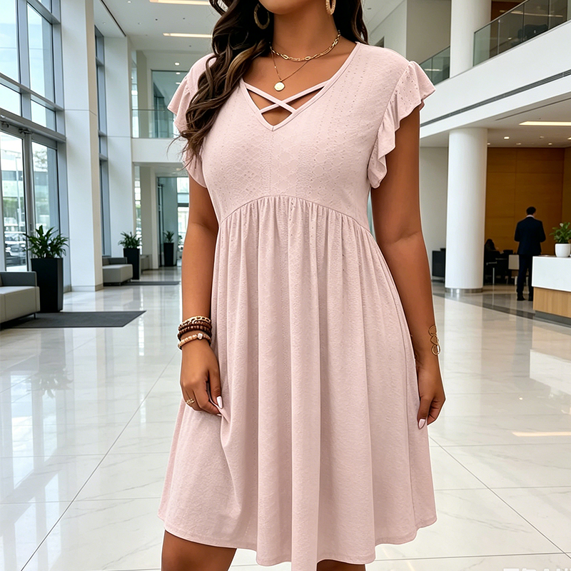 👗  Women's Criss-Cross V-Neck Flutter Sleeve Flowy Dress