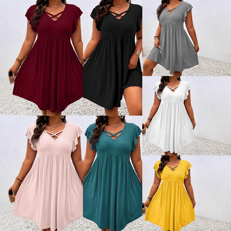 👗  Women's Criss-Cross V-Neck Flutter Sleeve Flowy Dress