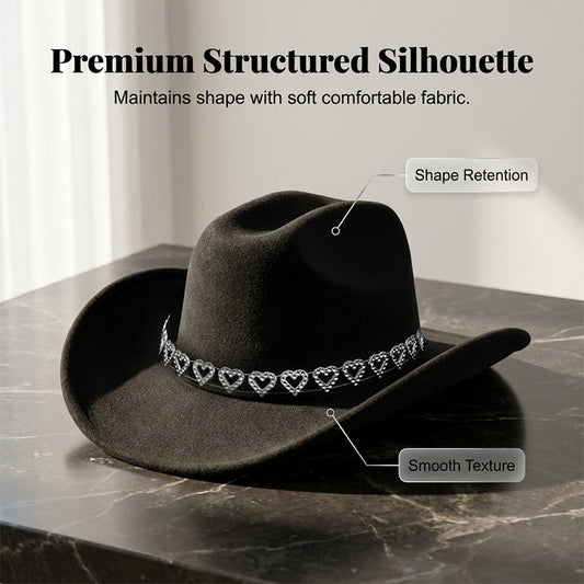 👒 Women's Rhinestone Heart Cowboy Hat Elegant French Jazz Fedora❤️